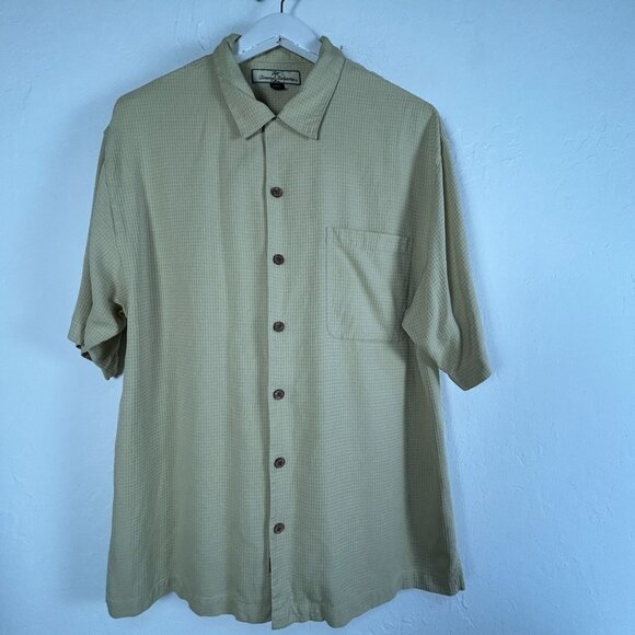 Tommy Bahama Mens 100% Silk Short Sleeve Button-Up Shirt with Pocket Beige Large - Picture 1 of 8